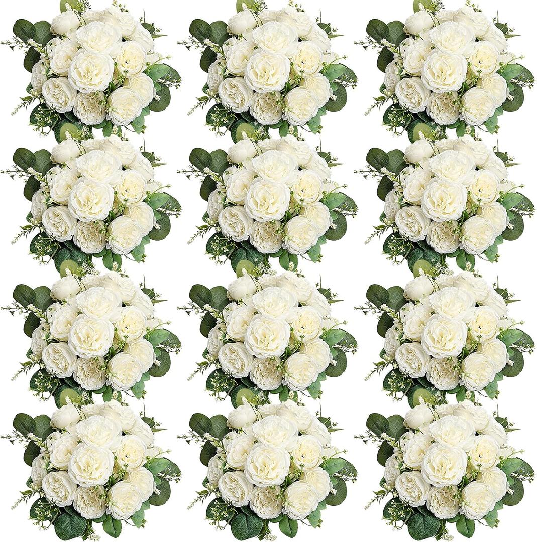 Peonies Artificial Flowers Bulk, 12 Bundles Fake Silk Peonies Faux Eucalyptus Bouquet Ivory Realistic Peony Floral Arrangement for Wedding Table Centerpiece Vase Decor (White)