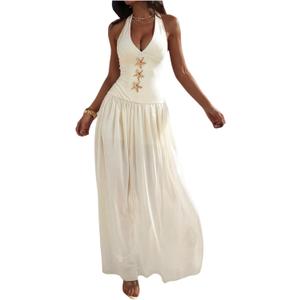Verdusa Women's Tie Back Halter Dress Vacation Sleeveless A Line Maxi Dresses M