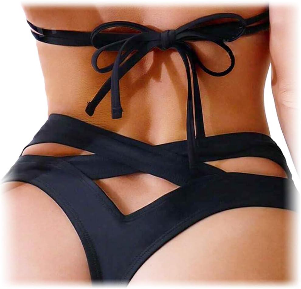 Women's Bikini Bottom Cheeky Swimsuit Criss Cross Cut Out Back Bathing Suit Bottoms (X-Large, 870 Black)
