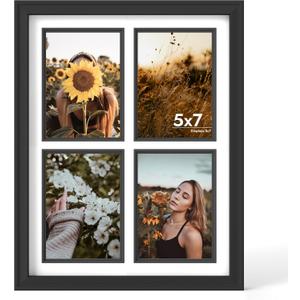 iRahmen 5x7 Collage Picture Frame with Tempered Glass - Wood Photo Frames Display Four 5 x 7 Pictures with Mat, Home Decor Wall Mount, Black, Four 5x7 in