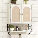 RUSTOWN Rattan Bathroom Wall Cabinet, Boho Over The Toilet Storage Cabinet with Arched Rattan Doors, Modern Medicine Cabinet with Adjustable Shelves & Towel Bar (Vintage White, Medium)