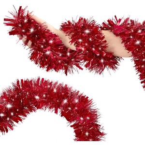 50FT Red Tinsel Christmas Garland Metallic Twist Garland Shiny Hanging Tinsel for Christmas Tree Party Supplies Indoor Outdoor Home Xmas Decoration (Red)