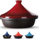 Culivora Moroccan Tagine for Cooking: Enameled Cast Iron Cooking Pot, Slow Cooker, Classic Kitchen Cookware, Tajine with Ceramic Cone-Shaped Closed Lid, 3.3 QT, Red