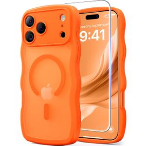 3 in 1 Magnetic for iPhone 17 Pro Max Case, Cute Wavy [Full Camera Protection][Fit for MagSafe] 1X Screen Protector+1X Wrist Strap, Anti-Slip Trendy Women Girly Case for iPhone 17 Pro Max 6.9", Orange