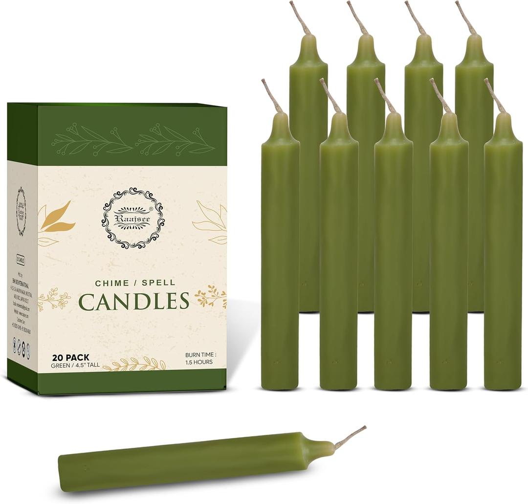 Raajsee Unscented Mini Taper Candles Pack of 20, Green | 5 Inches (H) Dinner Candle Sticks| Smokeless, and Dripless| Paraffin Wax with Cotton Wicks | Long Burning Time