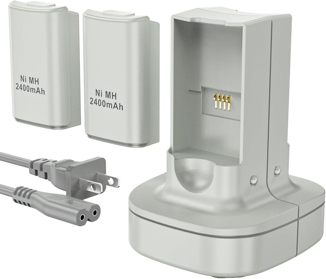 KEKUCULL Rechargeable Battery for Xbox 360 Controller, Charger Dual Charging Station Dock with 2 Pack Rechargeable Battery Compatible with Xbox 360 (Light Gray)