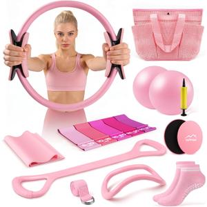 16PCS Pilates Kit for Home Workouts, Essential Equipment Set with 12'' Ring & 9 Ball, 5 Resistance Bands - Pilates Starter Kit for Women, Full Body Toning & Strength