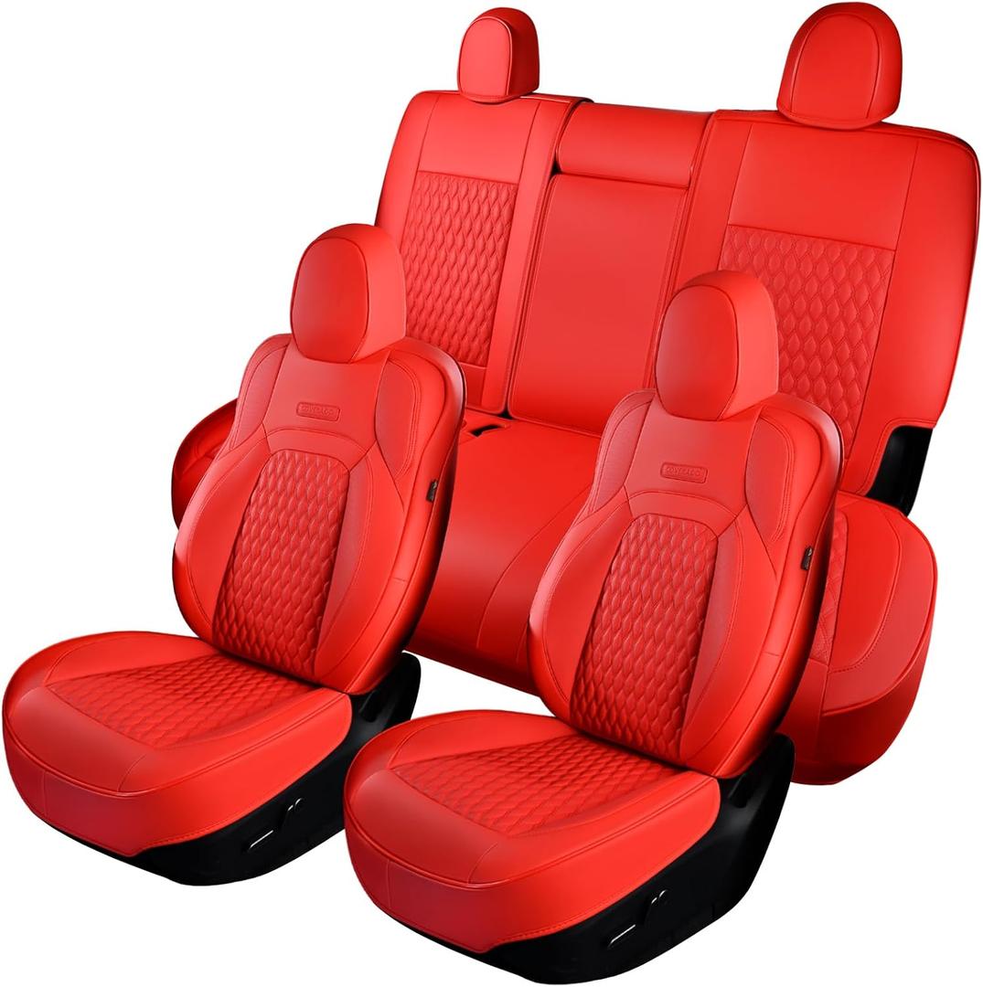 Coverado Car Seat Covers for Tesla Model Y, Car Seat Covers Full Set 5 Seater, Leatherette Car Seat Covers Front Seats and Back Custom for Tesla Model Y 2020 2021 2022 2023 2024 2025 Red