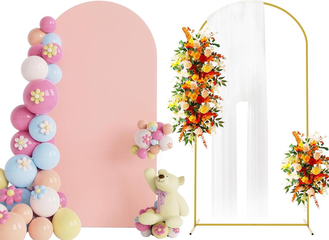 Putros 6.6ft Metal Arch Stand with Cover Pale Pink Spandex Fitted Wedding Arch Cover and Round Top Chiara Backdrop Stand Set for Birthday Party Baby Shower Decoration