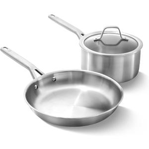 Calphalon Brushed 3-Ply Stainless Steel Cookware Set w/Turbo Heat Tech 3 Piece Includes Fry and Sauce Pan Set, Induction, Oven Safe 450F, Brushed Stainless Silver