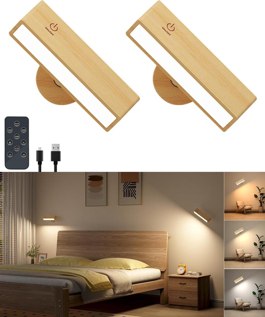DetarZinLED Wall Sconces Rechargeable Wall Lights with 360 Rotation, Dimmable Battery Operated Wall Sconce, Magnetic Wall Light for Bedroom, Wireless Wall Mount Light (Beech Wood, 2Pack-Remote Control)