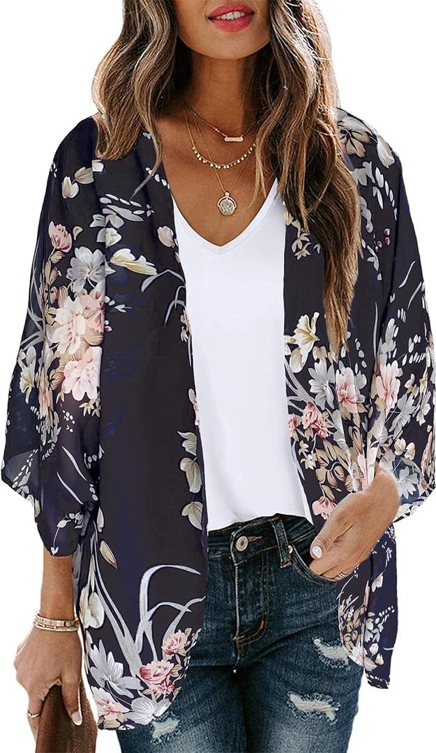Women's Floral Print Puff Sleeve Kimono Cardigan Loose Cover Up Casual Blouse Tops 2026 (Blue, S)