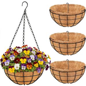 14 Inch Hanging Baskets for Plants Outdoor, 4 Pack Metal Round Wire Hanging Planters with Natural Thick Coco Liners, Garden Patio Decor for Flowers, Herbs, Succulents