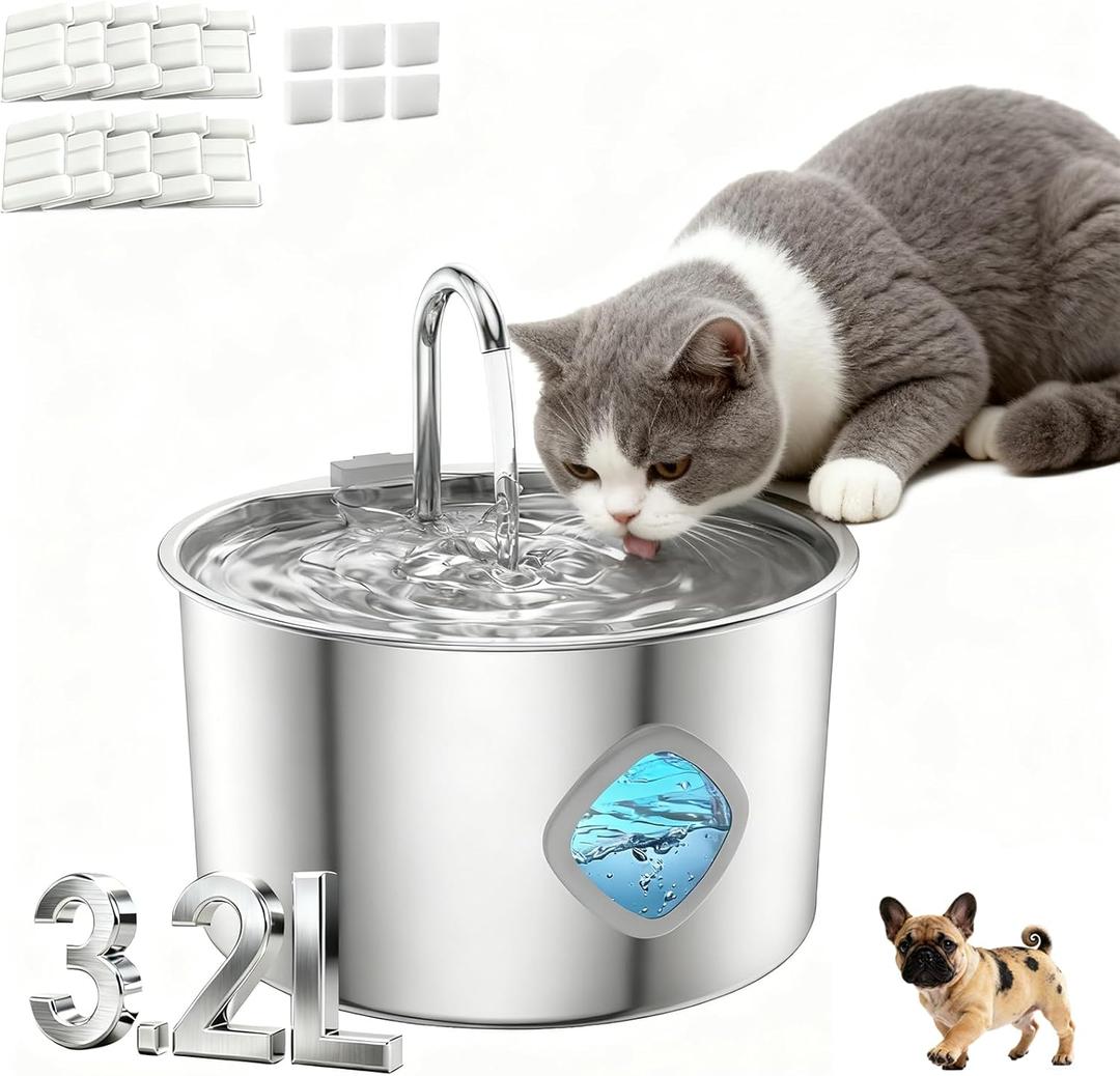 Cat Water Fountain Stainless Steel, 3.2L/108oz Quiet Water Fountains for Cats Indoor, Water Level Window, Quadruple Filtration Pet Water Fountain for Cats/Puppy (10 Filter 6 Filter Cotton)