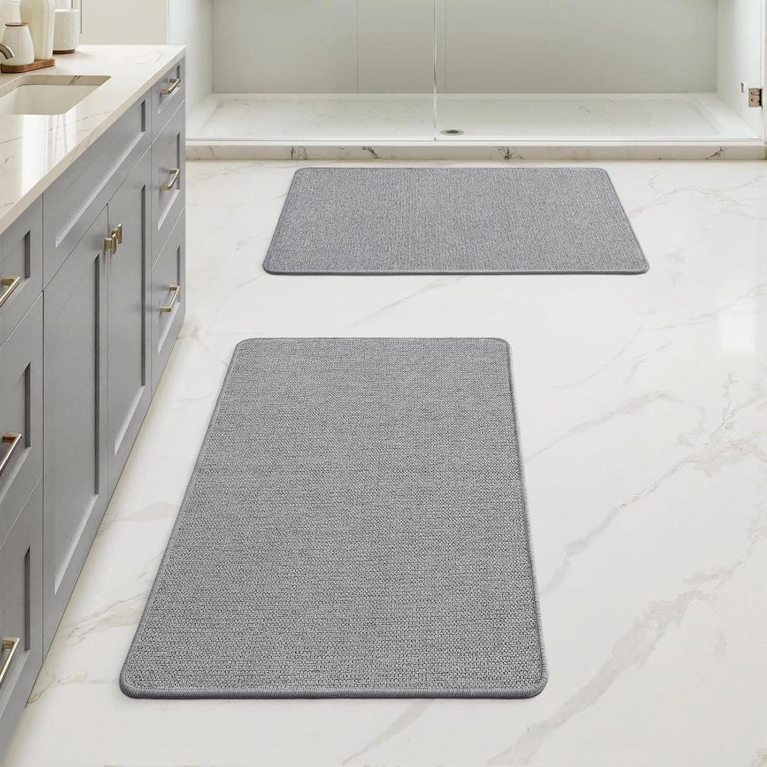 MIULEE Set of 2 Ultra Thin Bathroom Rugs, Rubber Bath Mats for Bathroom Non Slip, Quick Dry Absorbent Bath Rug Machine Washable, Fit Under Door, Shower, Sink, Home Decor, Grey, 17x27 Inch