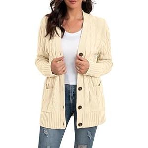 GRECERELLE Women's Long Sleeve Loose Knit Cable Open Front Button Down Cardigan Sweater Outerwear Coat with Pockets(Large, Off White)