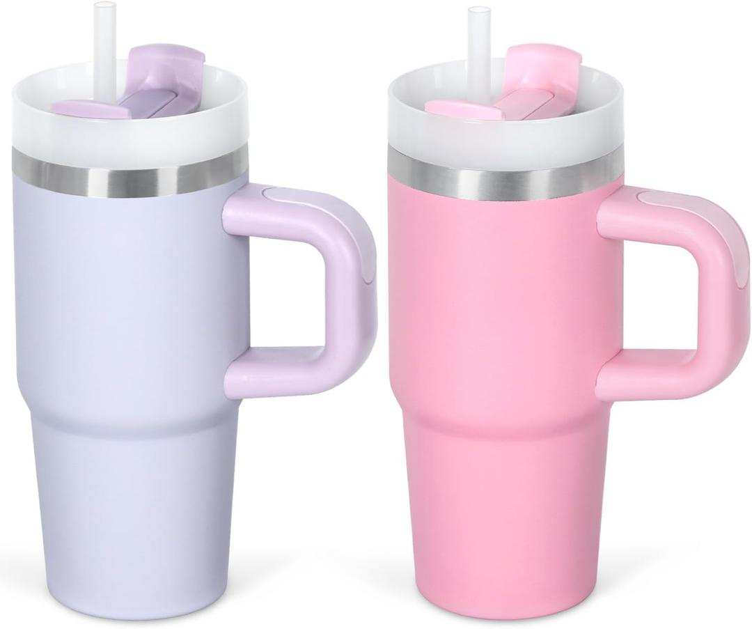 Cosictic 14 Oz Tumbler with Handle and Straw for Kids, Stainless Steel Double Wall Vacuum Insulated Cup for Children, 14 Oz Cups for Kids (Purple, Pink)