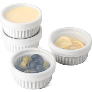 LE TAUCI Ramekins with Silicone Lids, 4 OZ Ceramic Souffl Dishes, Ramekin Bowls for Crme Brle, Dessert, Dips, Oven & Microwave Safe, Set of 4, White