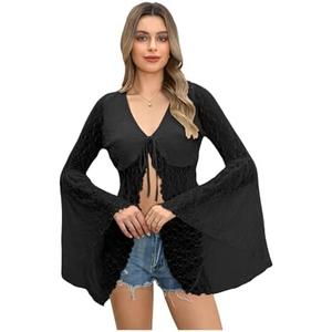 GORGLITTER Women's Lace Bell Long Sleeve Tops Tie Front Blouse Sheer Crop Top ( M )