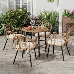 DWVO 5 Piece Patio Dining Sets, Outdoor Dining Furniture Set with 2" Umbrella Hole, Wicker Rattan Round Table and Chairs Set with Comfortable Cushions for Patio, Balcony, Backyard, Beige