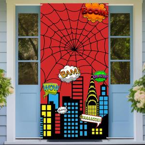 Hero Boys Birthday Door Cover Banner | Hero City Spider Porch Sign Decorations | Boys Children Birthday Party Indoor Outdoor Yard Supplies Photo Booth Props