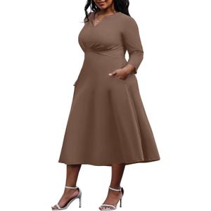 Nmoder Women's Plus Size Stretchy Flared Wrap Dress Casual Wedding Guest Midi Dresses V Neck 3/4 Sleeve A-Line Swing Dress (Brown, 3x)