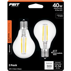 Feit Electric BPA1540N/827/LED/2 Decorative Clear Glass Filament LED Dimmable 40W Equivalent Classic A15 Light Bulb (Pack of 2), Soft White