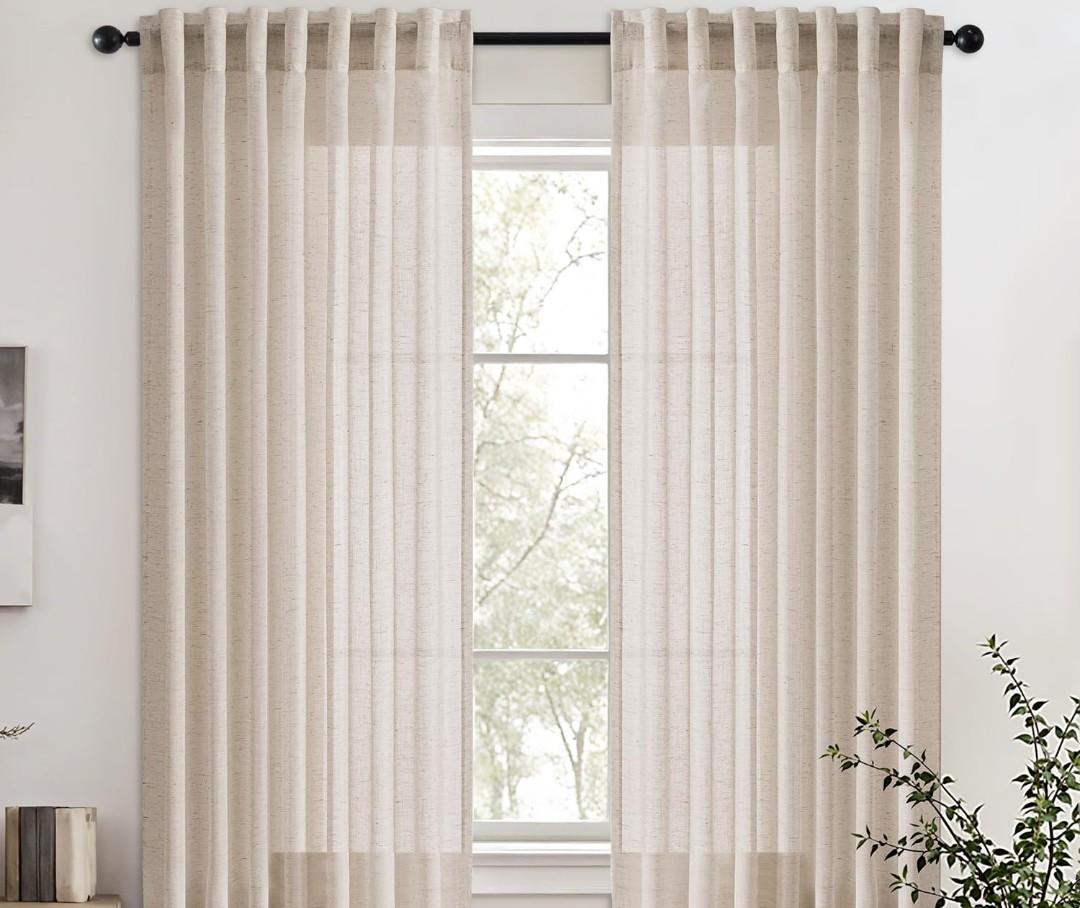 Anroduo Beige Linen Blend Short Kitchen Curtains 54 Inch Length 2 Panel Set Semi Sheer Light Filtering Back Tab Rod Pocket Drapes Modern Farmhosue Small Curtains for Cafe Bathroom Living Room 54 Inches Long
