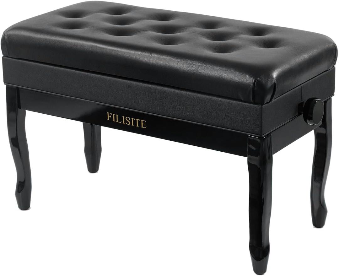 Genuine Leather Piano Bench with Storage, Adjustable Height Keyboard Bench with High-Density Sponge Cushion,Curved Legs for Piano/Keyboard, Supports Duet Playing,Black