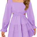 Haloumoning Girls Dresses Long Sleeve Square Neck Crossover Waist Casual A-Line Spring Fall Dress 5-14Y (S)