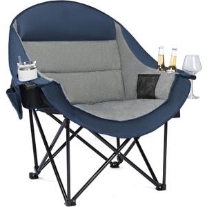 Oversized Camping Chairs for Adults - Heavy Duty Padded Outdoor Folding Lawn XL Camp Chair with Cup Holder Cooler Pockets for Sports Beach Fishing Garden Portable Supports 500lbs, Blue/Grey
