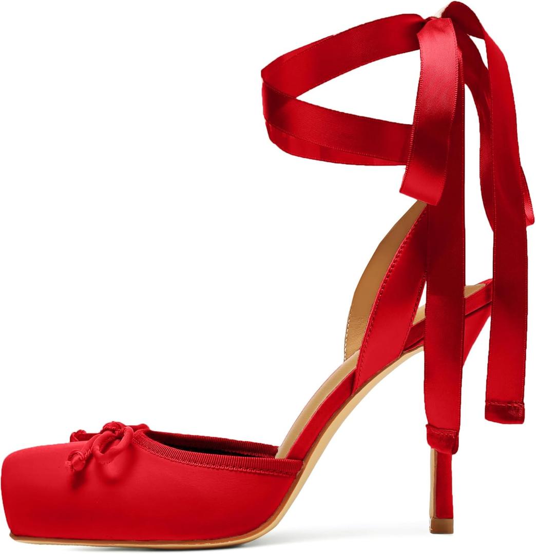 Satin Ballet Heels for Women Closed Square Toe Bow Ballerina Heels Lace Up High Heel Slingback Pumps Strappy Stiletto Mary Janes Elegant Party Shoes (6.5, Red)