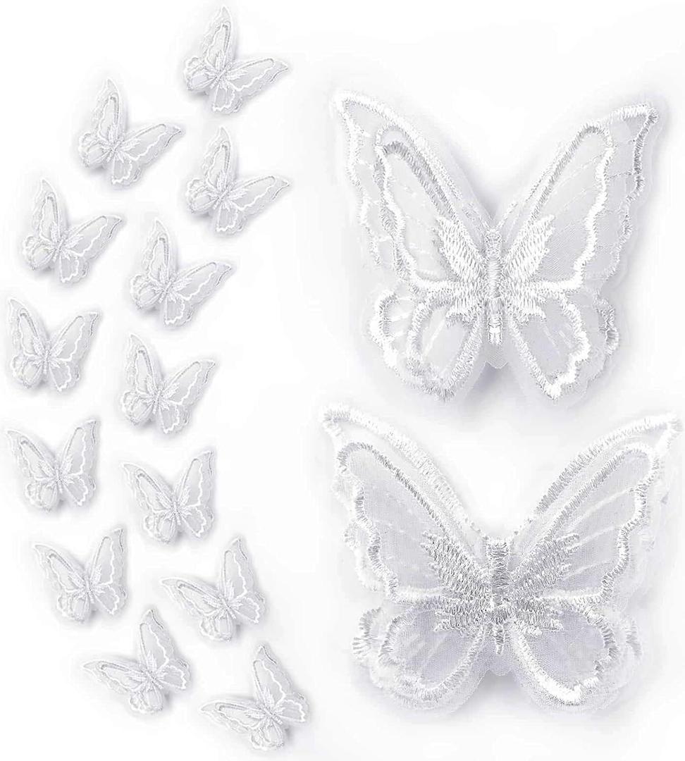 16pcs Butterfly Lace Trim, Double Layers Organza Butterfly Lace Fabric Embroidery Sewing DIY for Wedding Bride Hair Dress Hat Accessories (White)