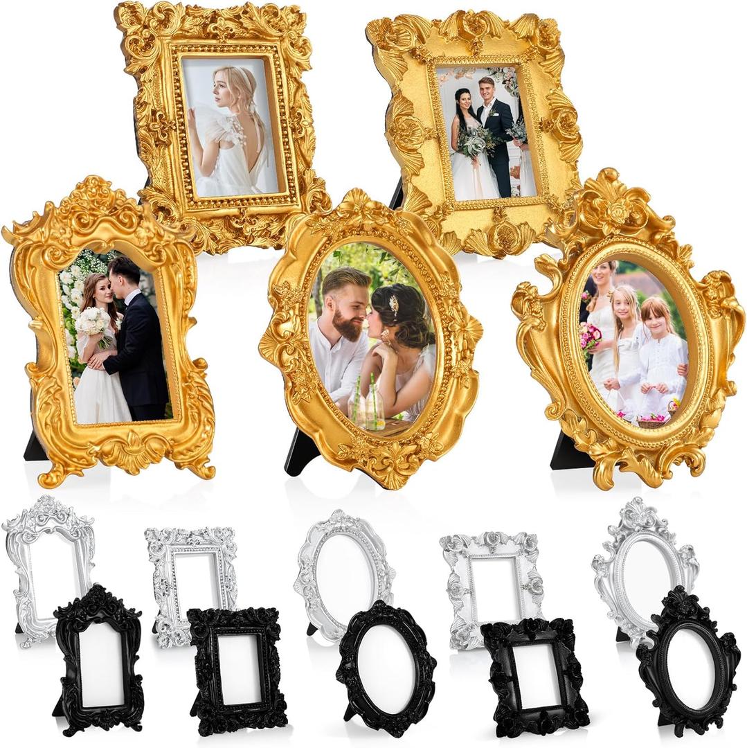Maitys 15 Pcs Mini Picture Vintage Frames Tiny Antique Photo Baroque Ornate Resin Oval Frame Table Top Display Home Wedding Decor (Multicolor)