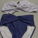 Blooming Jelly Women's High Waisted Bikini Sets Matel Tummy Control Swimsuits V Neck Twist Front Bathing Suit  (Medium, Stripe Blue)