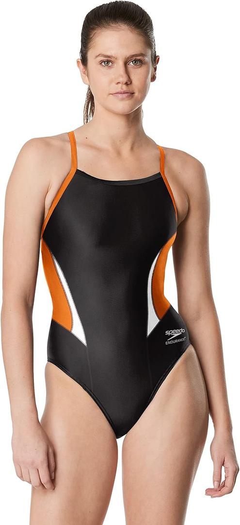 Speedo Women's Swimsuit One Piece Endurance+ Cross Back Solid Adult Team Colors (30, Edge Black/Orange)