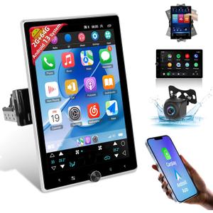 [2G+64G] Android 13 Rotatable Single Din Vertical Car Stereo 10.4 inch Touch Screen Radio Unit with Wireless Carplay & Android Auto/EQ Audio/Bluetooth 4.2/SWC/GPS Navigation/FM RDS