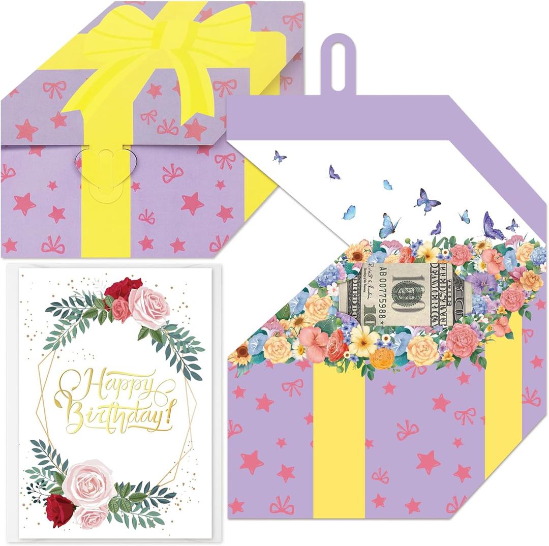 Unique Gold Foil Birthday Cards with Envelopes - Fun Playful Birthday Money Cards, Gift Box Open Design, Exquisite Women's Cards for Family, Kids, Friends Birthday Cards (Purple)