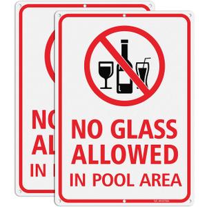 T&R No Glass Allowed In Pool Area Sign - 2 Pack - 14"x10" .040 Rust Free Heavy Aluminum, Reflective, Waterproof, Weatherproof and Fade Resistant, 6 pre-drilled holes, Easy to Mount