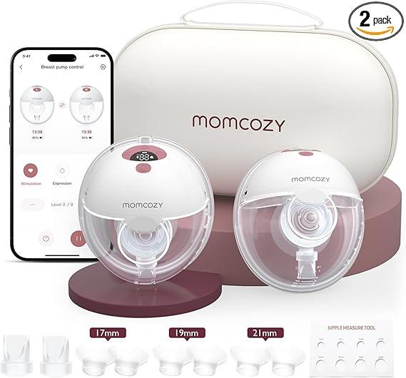 Momcozy M5 Smart APP Controlled Wearable Breast Pump, Hands-Free Wireless Electric Pump, 3 Modes 9 Suction Levels, BPA-Free, Portable Lightweight, 24mm Flange, 2-Pack Cozy