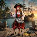 Girl Pirate Costume Buccaneer Princess Costume Halloween Party Dress Up (Red, L)