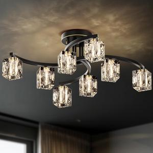 Black Modern Sputnik Chandelier Ceiling Light Fixtures,8-Lights Farmhouse Crystal Semi Flush Mount Ceiling Light for Bedroom Dining Room Living Room Kitchen Hallway