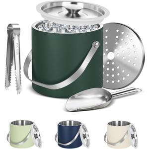 Ice Bucket, Ice Bucket with Silicone Sealing Ring, Double-Wall Vacuum Insulation, Champagne Buckets with Filter Layer, Ice Tongs Ice Scoop (Grey Green, 3 L)