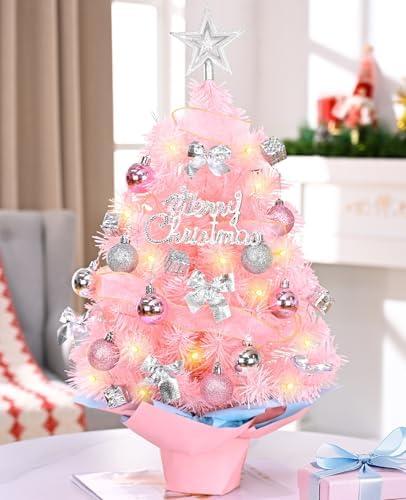 Small Pink Christmas Tree with Lights, 2 FT Mini Christmas Tree with Lifelike Branches Hanging Ornaments Decorative Bow Gift Boxes for Table Mantle Home Indoor DIY Christmas Decorations