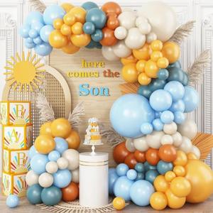 Here Comes the Son Balloon Arch Kit, Retro Blue Yellow Boho Balloon Garland with Mustard Yellow Pastel Blue Sand White Coffee Balloon for Fall Colorful Baby Shower First Birthday Party Decoration