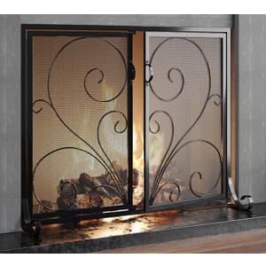 Flat Fireplace Screen with Doors,Solid Wrought Iron Frame with Metal Mesh, Flat Panel Decorative Fireplace Screen with Scroll Design, Free Standing Spark Guard