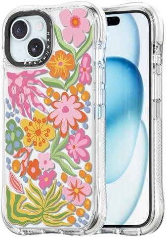 Rosarnnah for iPhone 15 Case Cute - Military-Grade 20 ft Drop Protection Shockproof Phone Case - Funny Passion Flower Design (6.1") Glitter Clear