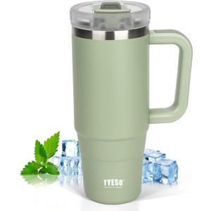 Tyeso 30 oz Tumbler with Handle, Straw and Lid - Leak Resistant Insulated Stainless Steel Water Bottle, Car Cup Holder Friendly Travel Coffee Mug Green - Gifts for Men & Women