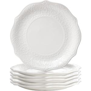 SOUJOY Set of 6 Porcelain Dinner Plate, 10.5'' White Dinner Dish, Embossed Printing Dinnerware Plate for Dinner, Restaurant, Family Party and Kitchen, Microwave, Dishwasher Safe