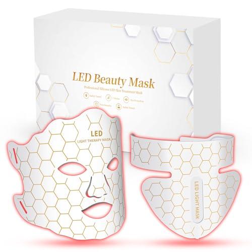 Yahi Red Light Photon Facial & Neck Mask with Remote Control, 7 Custom Modes with Infrared, Portable & Rechargeable with Timer for Home Use, 175 High-Density Light Beads, White